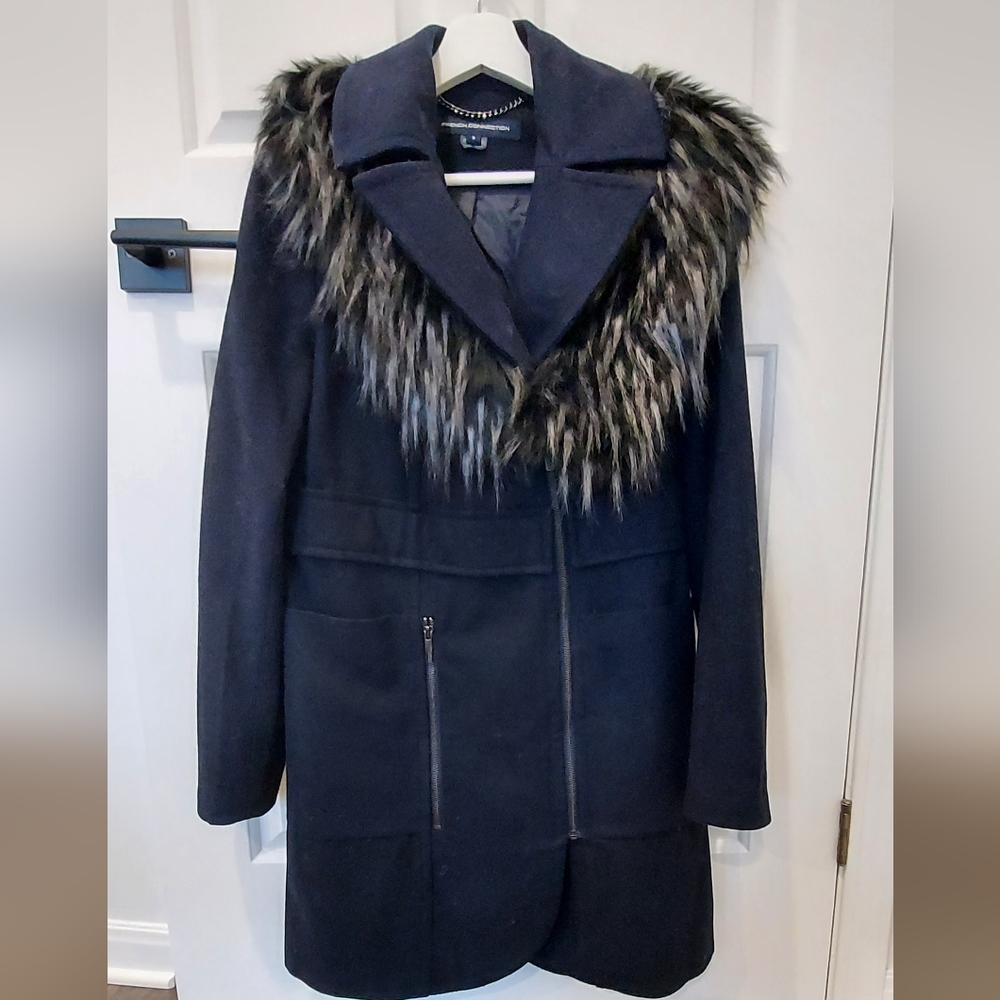 Navy Wool Coat with Faux Fur